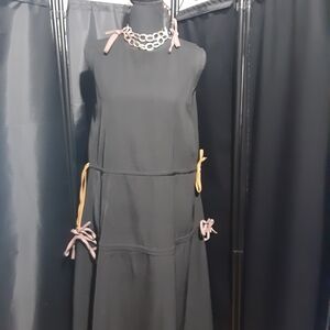 Chic Black Midi Dress with Bow Details Boho Prarie Wonen's Small Peasant